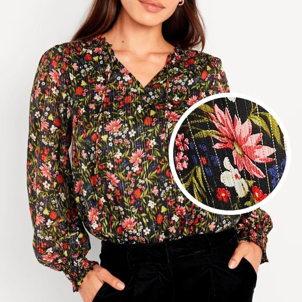 Old Navy Smocked Dark Floral Shine Blouse Chiffon Shimmering Ditsy Romantic